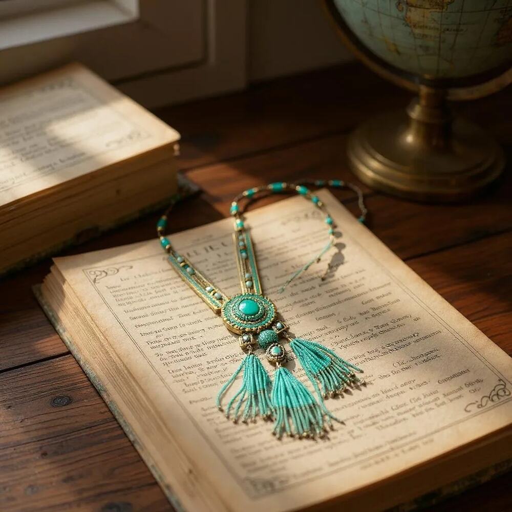 CHICO'S Boho Statement Necklace – Turquoise Fringe Tribal Beaded Medallion - Picture 12 of 13